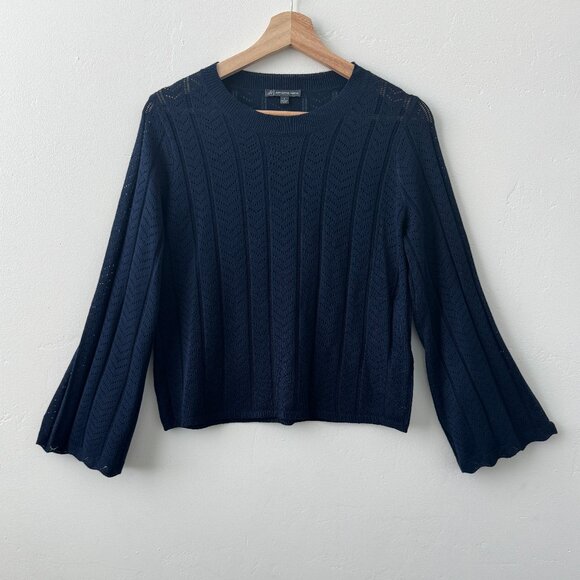 Adrianna Papell Sweaters - Adrianna Papell Navy Pointelle Bell Sleeve Knit Top Sz. S